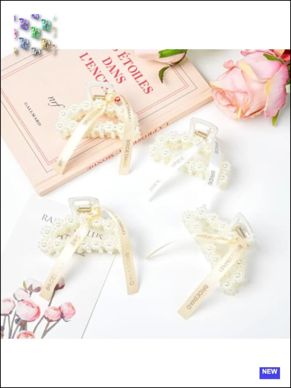 8 Pack Pearl Hair Claw Clips with Ribbon Bridesmaid Proposal Gifts